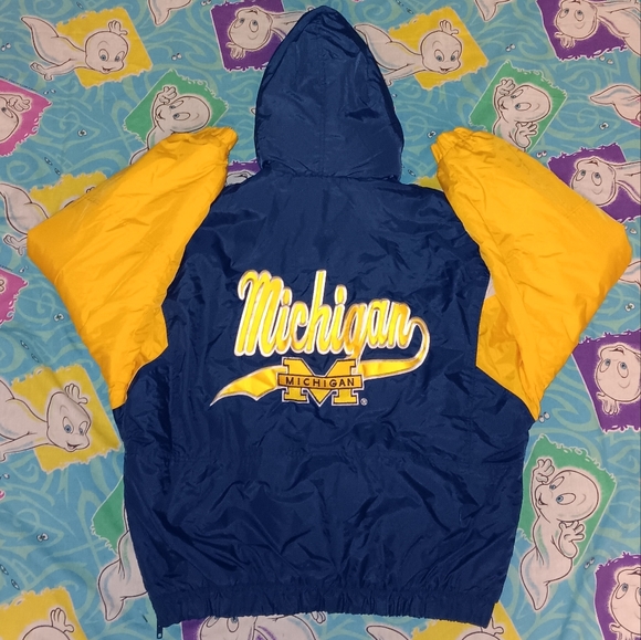 New 90s Logo 7 Michigan Wolverines Vintage Pullover Winter Coat U of M Jacket - Picture 2 of 6